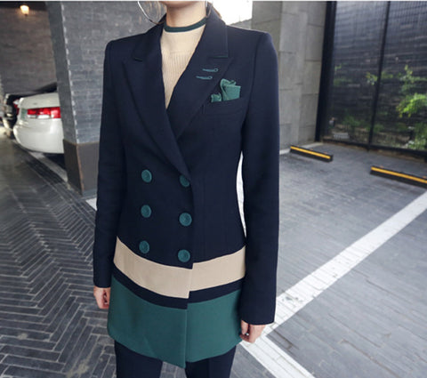 Block Double-breasted Tailored Collar Suit Set CODE: mon528