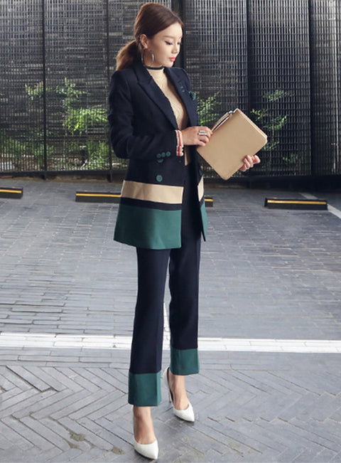 Block Double-breasted Tailored Collar Suit Set CODE: mon528