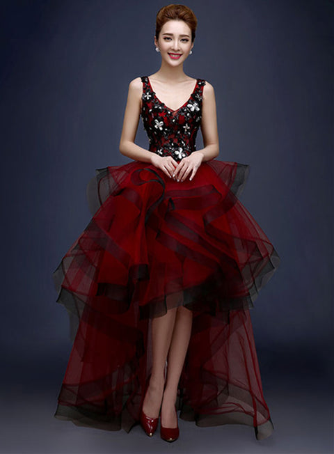 V-neck Sequins Flowers Fluffy Evening Dress CODE: mon535