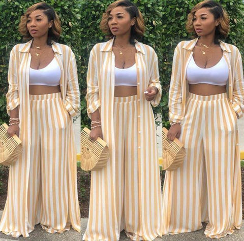 striped print loose long shirt wide leg pants two set CODE: mon1073