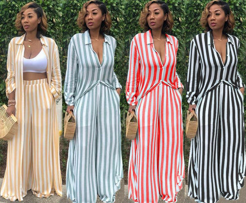 striped print loose long shirt wide leg pants two set CODE: mon1073