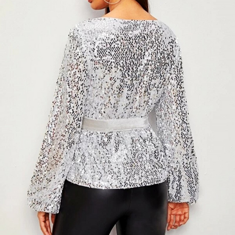 New Spring and Autumn Round Neck Long-sleeved Velvet Belt Shiny Sequined Top CODE: KAR1015