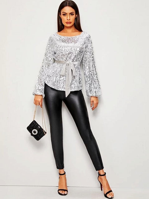 New Spring and Autumn Round Neck Long-sleeved Velvet Belt Shiny Sequined Top CODE: KAR1015