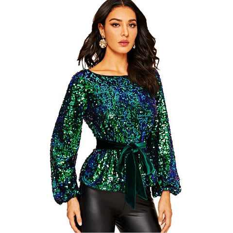 New Spring and Autumn Round Neck Long-sleeved Velvet Belt Shiny Sequined Top CODE: KAR1015