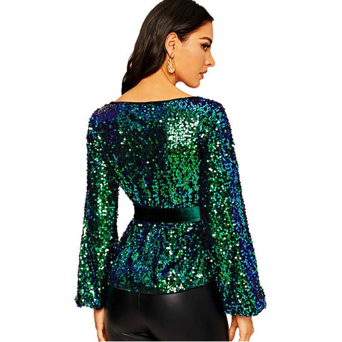New Spring and Autumn Round Neck Long-sleeved Velvet Belt Shiny Sequined Top CODE: KAR1015