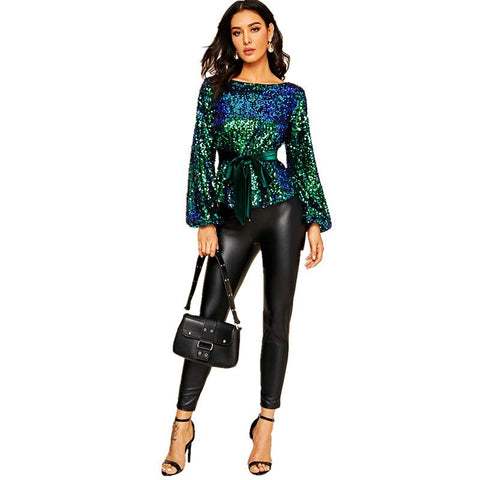 New Spring and Autumn Round Neck Long-sleeved Velvet Belt Shiny Sequined Top CODE: KAR1015