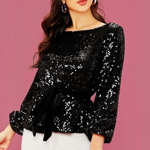 New Spring and Autumn Round Neck Long-sleeved Velvet Belt Shiny Sequined Top CODE: KAR1015