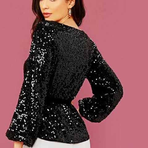 New Spring and Autumn Round Neck Long-sleeved Velvet Belt Shiny Sequined Top CODE: KAR1015