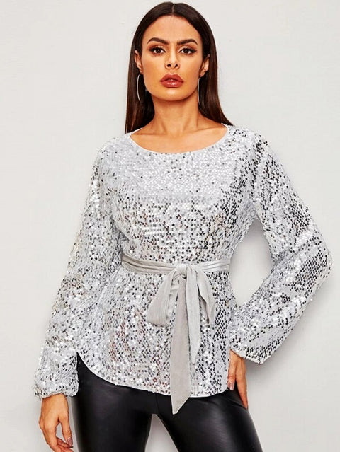 New Spring and Autumn Round Neck Long-sleeved Velvet Belt Shiny Sequined Top CODE: KAR1015