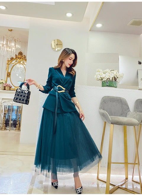 New Collar Jacket + Mesh Long Skirt Office Lady Two-Piece Set CODE: KAR1131