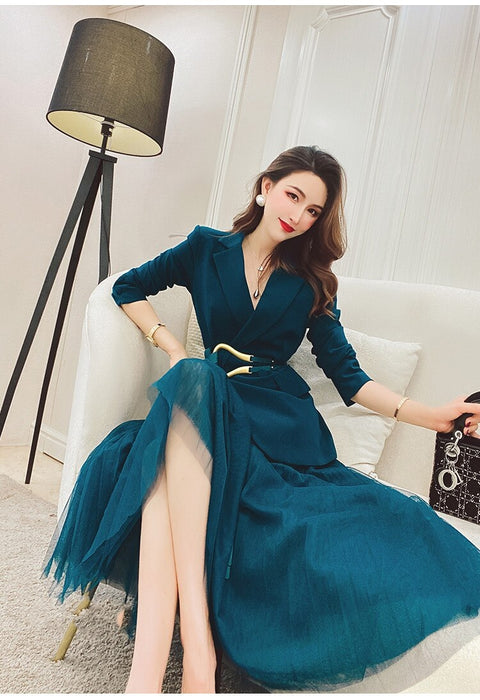 New Collar Jacket + Mesh Long Skirt Office Lady Two-Piece Set CODE: KAR1131