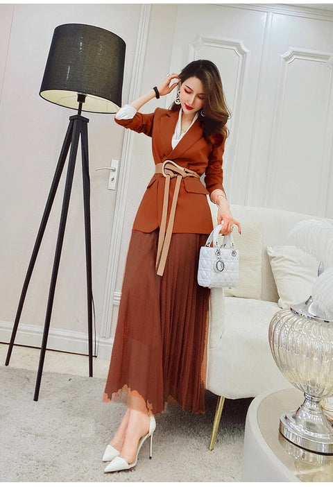 New Collar Jacket + Mesh Long Skirt Office Lady Two-Piece Set CODE: KAR1131