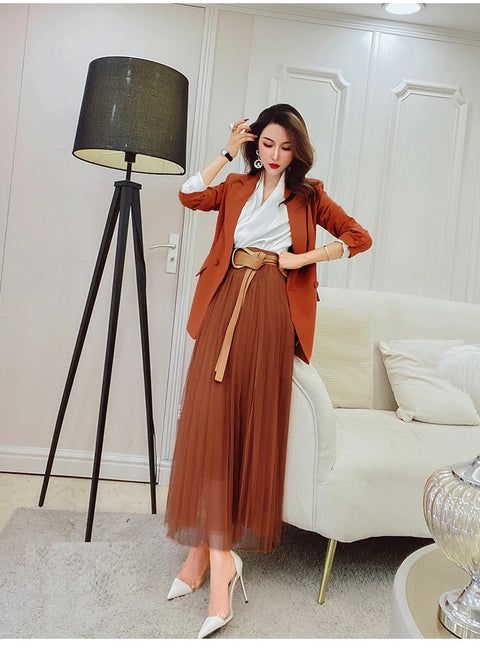 New Collar Jacket + Mesh Long Skirt Office Lady Two-Piece Set CODE: KAR1131