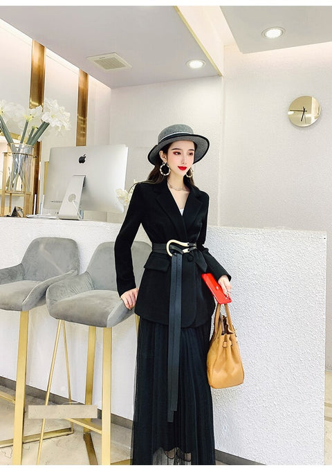 New Collar Jacket + Mesh Long Skirt Office Lady Two-Piece Set CODE: KAR1131