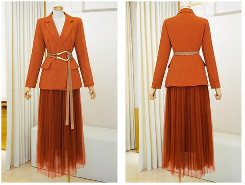 New Collar Jacket + Mesh Long Skirt Office Lady Two-Piece Set CODE: KAR1131