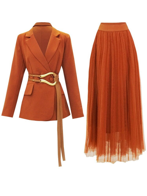 New Collar Jacket + Mesh Long Skirt Office Lady Two-Piece Set CODE: KAR1131