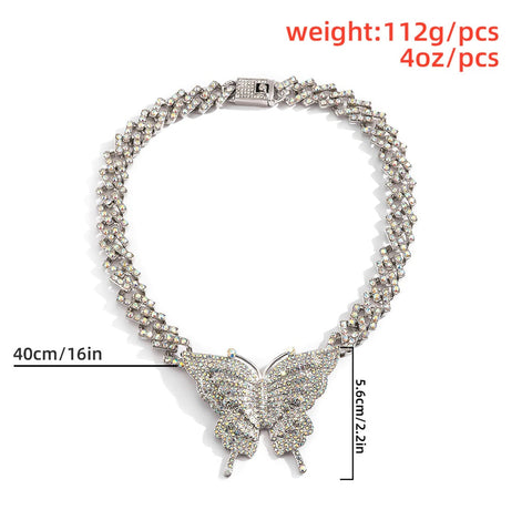 Cosysail Shiny Iced out Miami Cuban Link Chain Big Rhinestone Crystal Butterfly Pendant Necklace  CODE: KAR1033