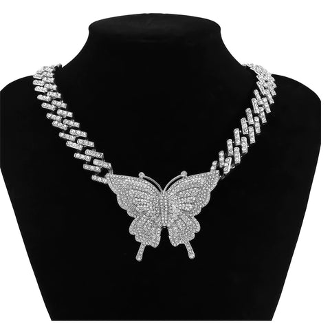 Cosysail Shiny Iced out Miami Cuban Link Chain Big Rhinestone Crystal Butterfly Pendant Necklace  CODE: KAR1033