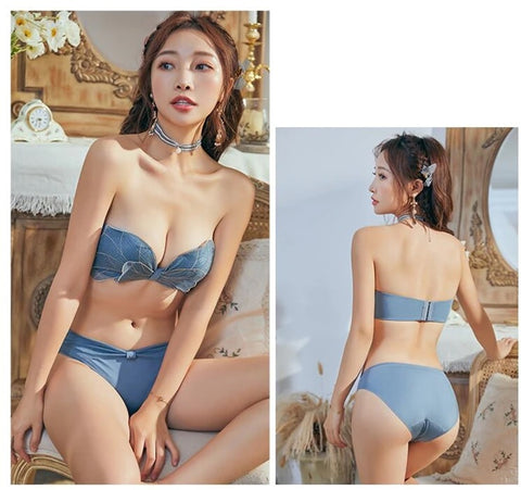 Strapless Push Up Bra Embroidery Bow Knot Lingerie Tube Top Bra AB Cup CODE: KAR1038
