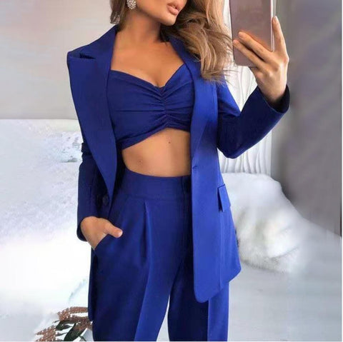 3Pcs/Set Suits Blazer Coat Pant Top Single Button Sling Breathable Turndown Collar Office Jacket Dress Suit CODE: KAR1044