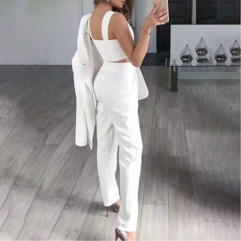 3Pcs/Set Suits Blazer Coat Pant Top Single Button Sling Breathable Turndown Collar Office Jacket Dress Suit CODE: KAR1044