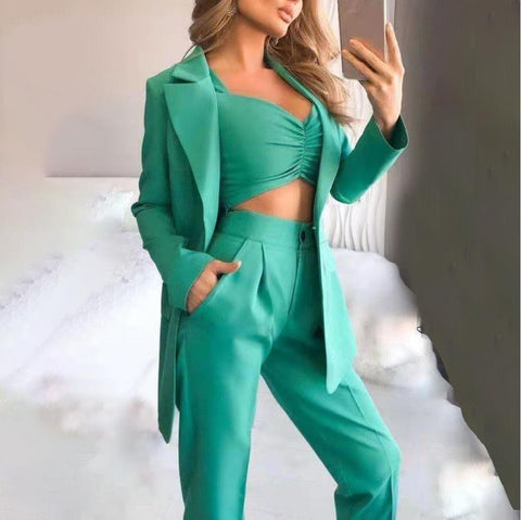 3Pcs/Set Suits Blazer Coat Pant Top Single Button Sling Breathable Turndown Collar Office Jacket Dress Suit CODE: KAR1044