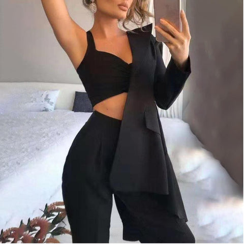 3Pcs/Set Suits Blazer Coat Pant Top Single Button Sling Breathable Turndown Collar Office Jacket Dress Suit CODE: KAR1044