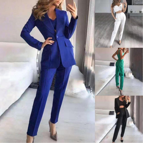 3Pcs/Set Suits Blazer Coat Pant Top Single Button Sling Breathable Turndown Collar Office Jacket Dress Suit CODE: KAR1044