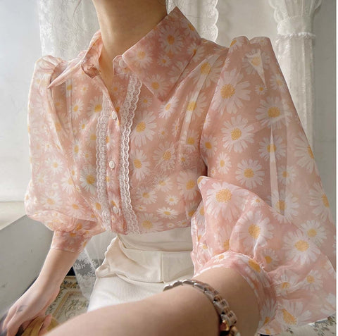 Floral Printed Mesh Blouse Shirts 3/4 Puff Sleeve Turn Down Collar Tops CODE: KAR1049
