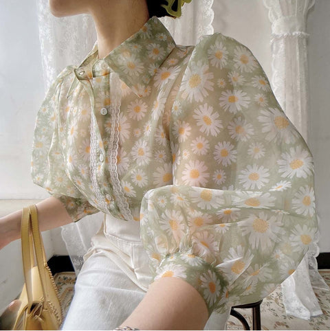Floral Printed Mesh Blouse Shirts 3/4 Puff Sleeve Turn Down Collar Tops CODE: KAR1049