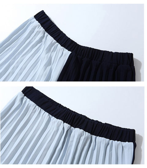 Two piece Set Turtleneck Stripe Belt Tops + Skirt Pleated Spliced 2 Piece Set CODE: KAR1056