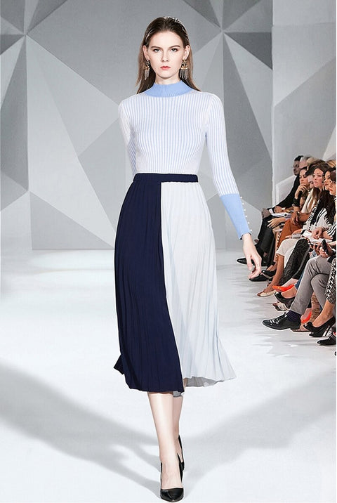 Two piece Set Turtleneck Stripe Belt Tops + Skirt Pleated Spliced 2 Piece Set CODE: KAR1056