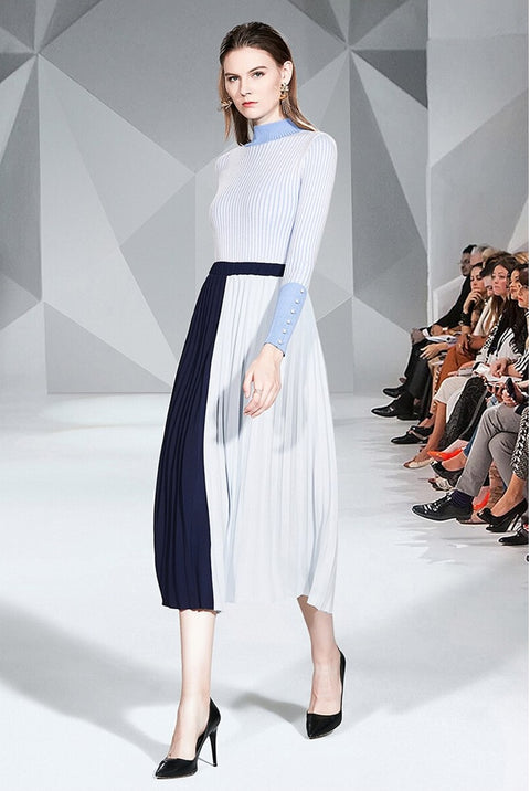 Two piece Set Turtleneck Stripe Belt Tops + Skirt Pleated Spliced 2 Piece Set CODE: KAR1056