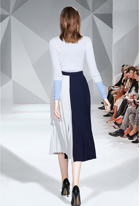 Two piece Set Turtleneck Stripe Belt Tops + Skirt Pleated Spliced 2 Piece Set CODE: KAR1056
