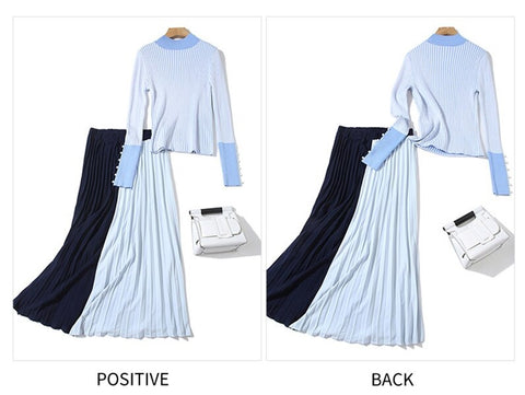 Two piece Set Turtleneck Stripe Belt Tops + Skirt Pleated Spliced 2 Piece Set CODE: KAR1056