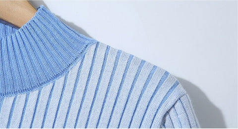 Two piece Set Turtleneck Stripe Belt Tops + Skirt Pleated Spliced 2 Piece Set CODE: KAR1056