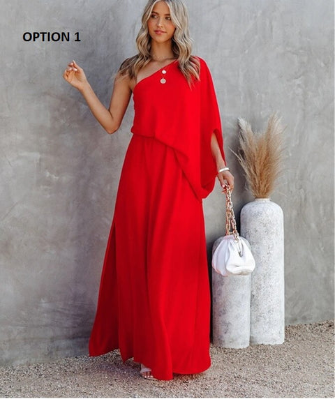 One-shoulder Sleeve Diagonal Collar Pullover Elegant Long Dress CODE: KAR1061