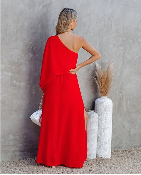 One-shoulder Sleeve Diagonal Collar Pullover Elegant Long Dress CODE: KAR1061