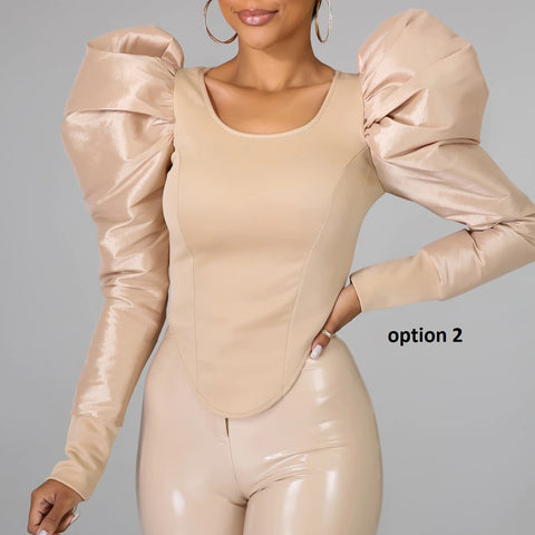 Puff Sleeve Round Collar Solid Long-sleeved Spring Shirt CODE: KAR1064