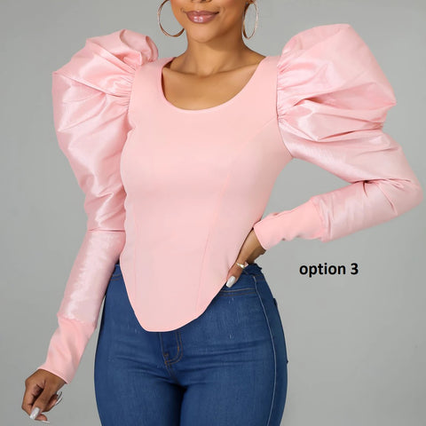 Puff Sleeve Round Collar Solid Long-sleeved Spring Shirt CODE: KAR1064