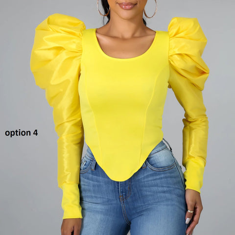 Puff Sleeve Round Collar Solid Long-sleeved Spring Shirt CODE: KAR1064