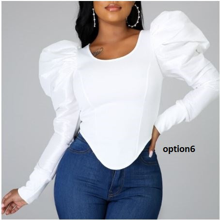Puff Sleeve Round Collar Solid Long-sleeved Spring Shirt CODE: KAR1064