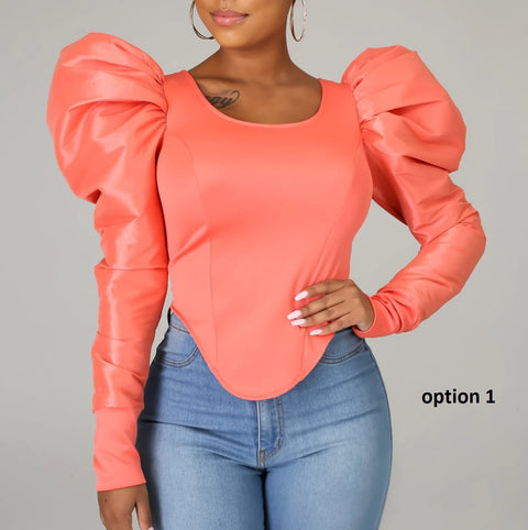 Puff Sleeve Round Collar Solid Long-sleeved Spring Shirt CODE: KAR1064