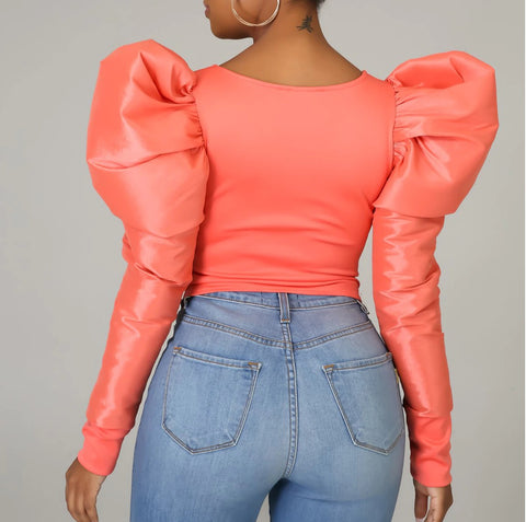 Puff Sleeve Round Collar Solid Long-sleeved Spring Shirt CODE: KAR1064