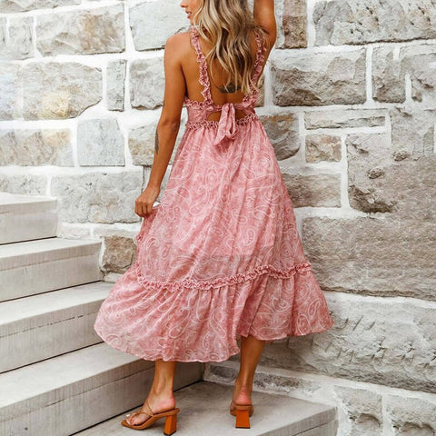 Ruffle V-Neck Sling Chiffon Fashion Casual Sleeveless Sling Long Dresses CODE: KAR1067