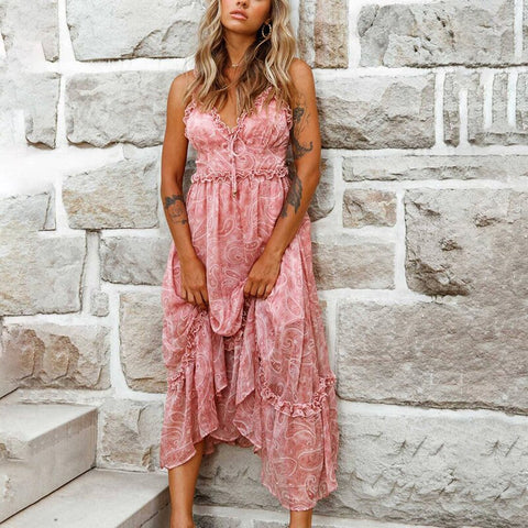 Ruffle V-Neck Sling Chiffon Fashion Casual Sleeveless Sling Long Dresses CODE: KAR1067