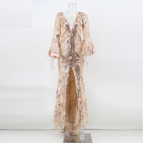 Sexy Night Bodycon Maxi Elegant Sequin Half Flare Sleeve Dress CODE: KAR1083