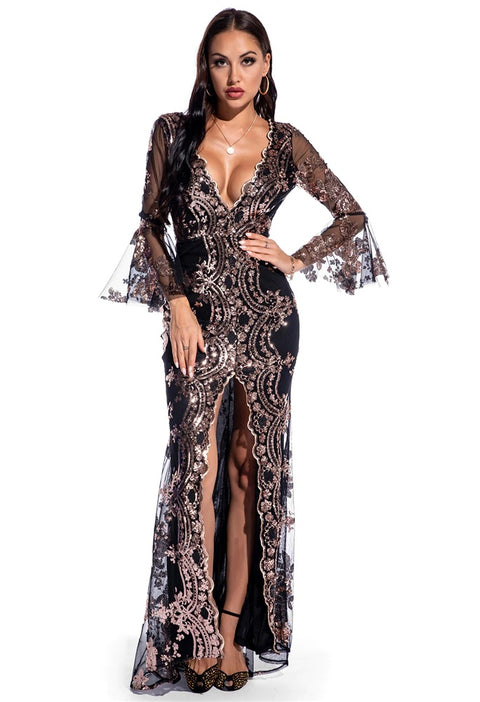 Sexy Night Bodycon Maxi Elegant Sequin Half Flare Sleeve Dress CODE: KAR1083