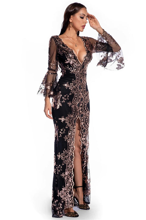 Sexy Night Bodycon Maxi Elegant Sequin Half Flare Sleeve Dress CODE: KAR1083