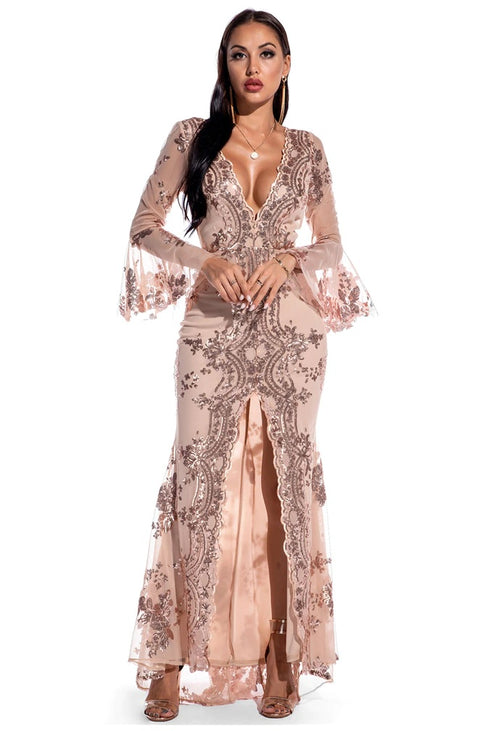 Sexy Night Bodycon Maxi Elegant Sequin Half Flare Sleeve Dress CODE: KAR1083